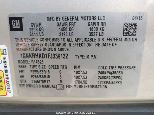 Photo 8 VIN: 1GNKRHKD1FJ339132 - CHEVROLET TRAVERSE 