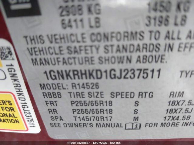 Photo 8 VIN: 1GNKRHKD1GJ237511 - CHEVROLET TRAVERSE 