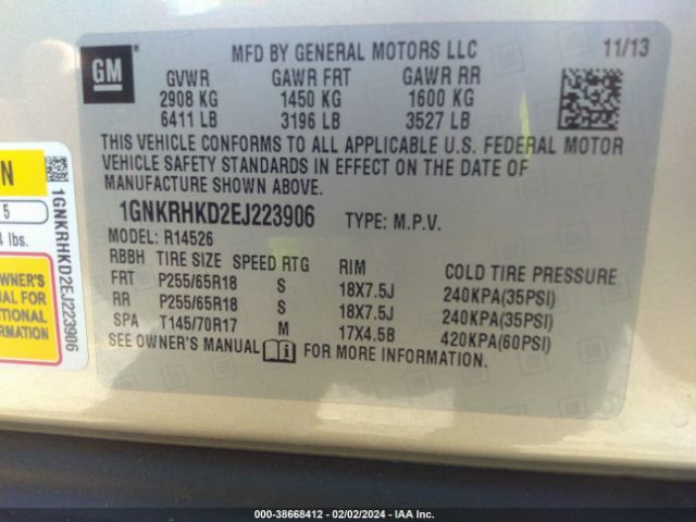 Photo 8 VIN: 1GNKRHKD2EJ223906 - CHEVROLET TRAVERSE 