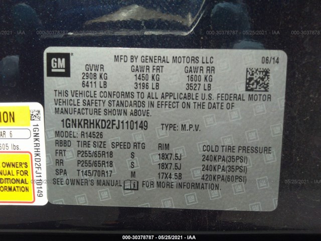 Photo 8 VIN: 1GNKRHKD2FJ110149 - CHEVROLET TRAVERSE 