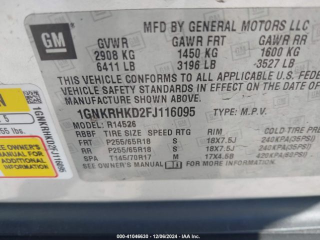 Photo 8 VIN: 1GNKRHKD2FJ116095 - CHEVROLET TRAVERSE 