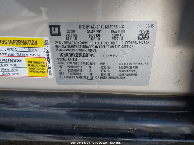 Photo 8 VIN: 1GNKRHKD2FJ387447 - CHEVROLET TRAVERSE 