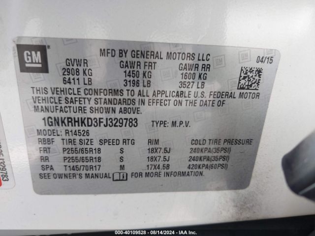 Photo 8 VIN: 1GNKRHKD3FJ329783 - CHEVROLET TRAVERSE 