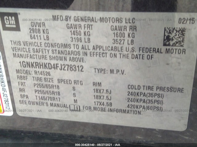 Photo 8 VIN: 1GNKRHKD4FJ278312 - CHEVROLET TRAVERSE 