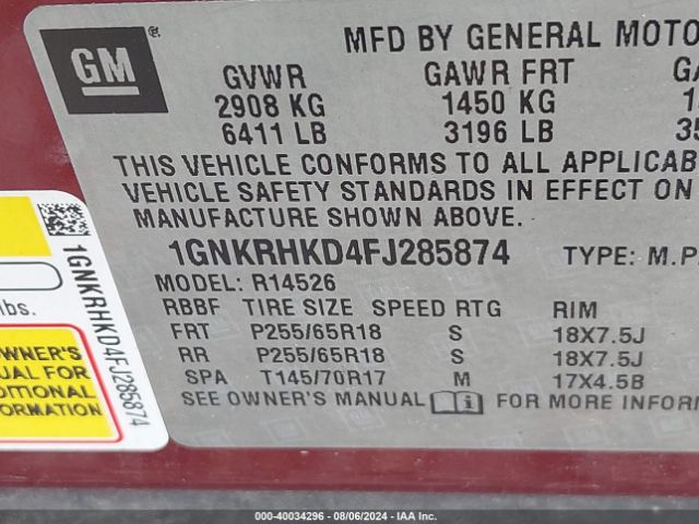 Photo 8 VIN: 1GNKRHKD4FJ285874 - CHEVROLET TRAVERSE 