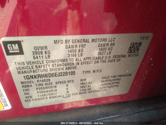 Photo 8 VIN: 1GNKRHKD6EJ228185 - CHEVROLET TRAVERSE 