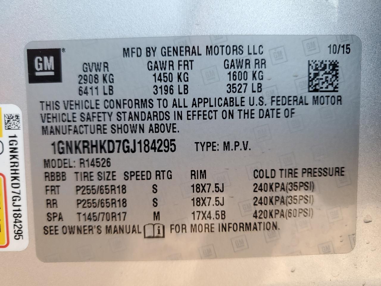 Photo 13 VIN: 1GNKRHKD7GJ184295 - CHEVROLET TRAVERSE 