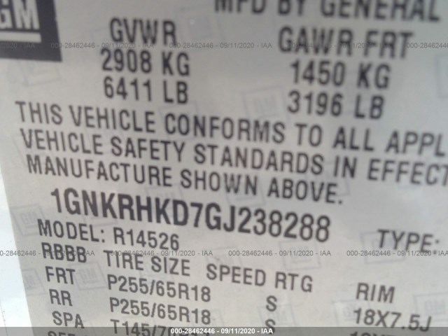 Photo 8 VIN: 1GNKRHKD7GJ238288 - CHEVROLET TRAVERSE 