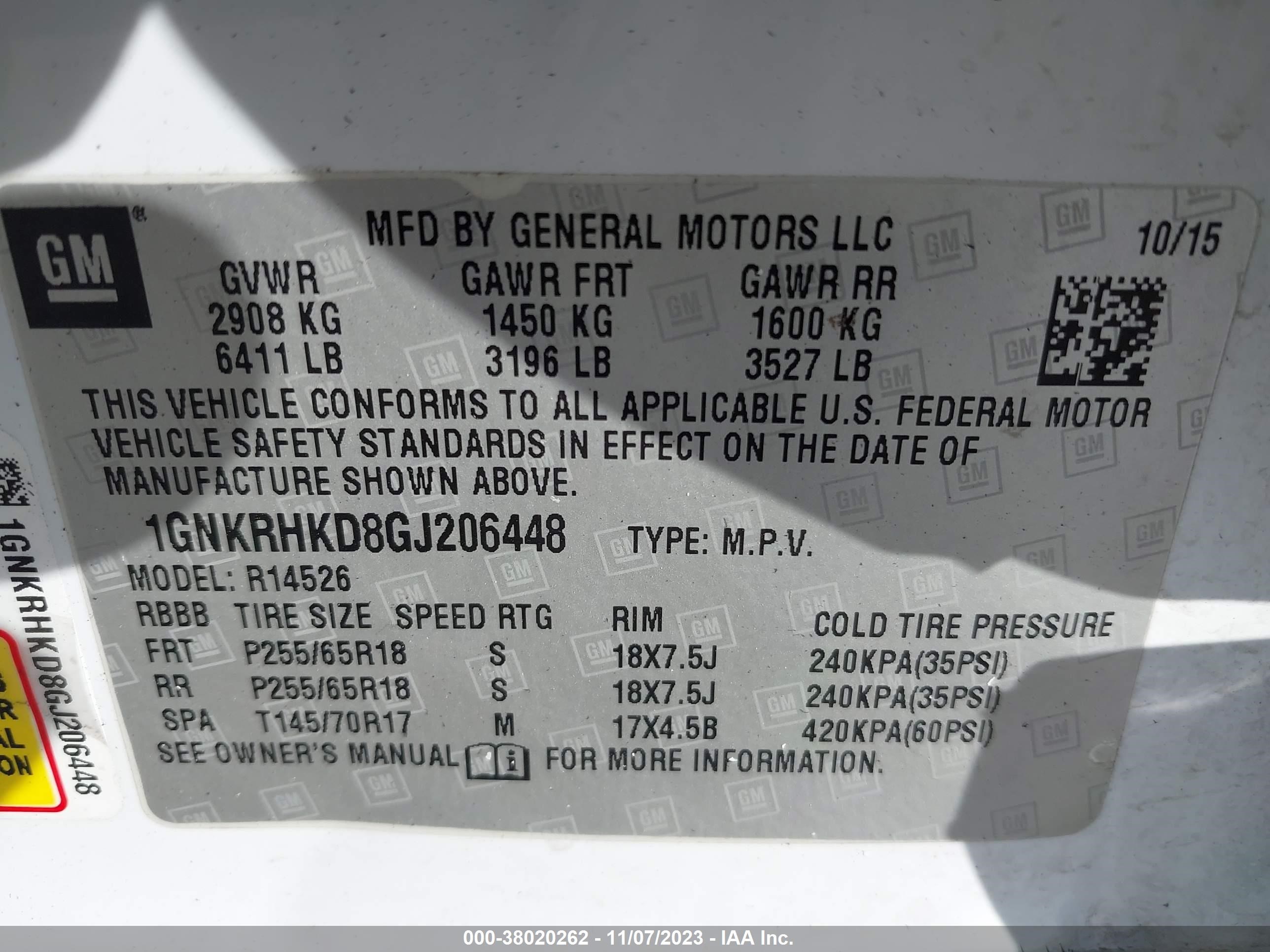 Photo 8 VIN: 1GNKRHKD8GJ206448 - CHEVROLET TRAVERSE 