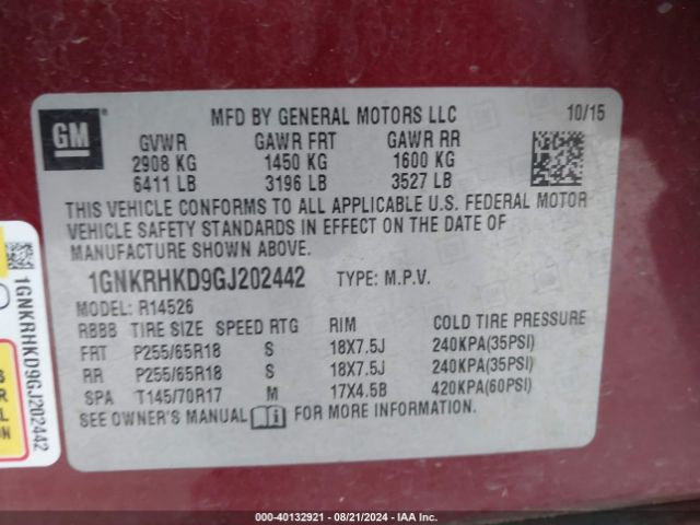 Photo 8 VIN: 1GNKRHKD9GJ202442 - CHEVROLET TRAVERSE 