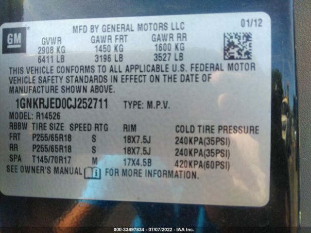 Photo 8 VIN: 1GNKRJED0CJ252711 - CHEVROLET TRAVERSE 