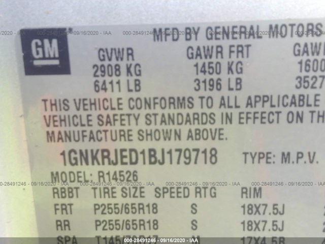 Photo 8 VIN: 1GNKRJED1BJ179718 - CHEVROLET TRAVERSE 