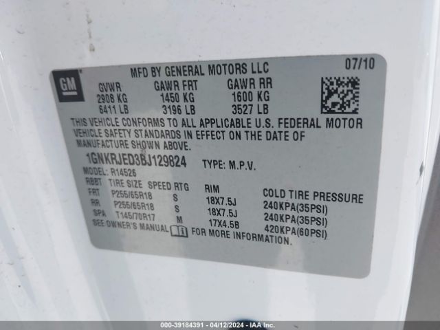 Photo 8 VIN: 1GNKRJED3BJ129824 - CHEVROLET TRAVERSE 