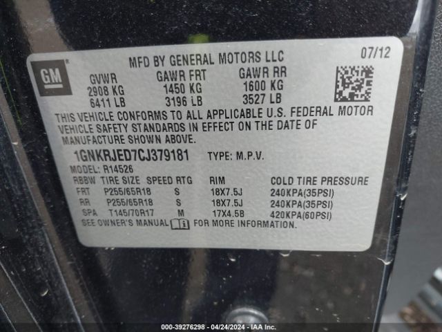 Photo 8 VIN: 1GNKRJED7CJ379181 - CHEVROLET TRAVERSE L 