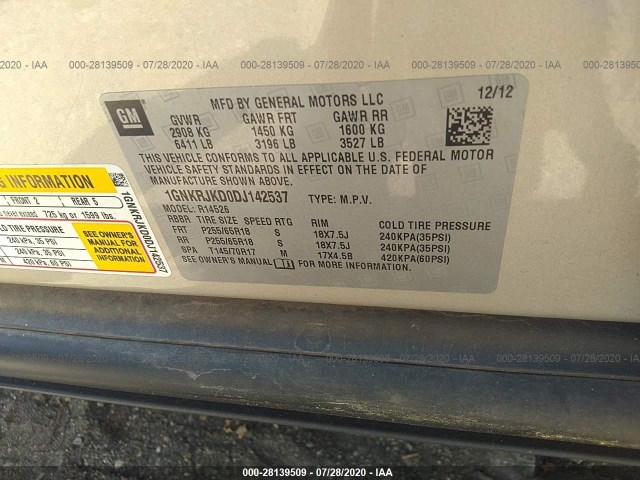 Photo 8 VIN: 1GNKRJKD0DJ142537 - CHEVROLET TRAVERSE 