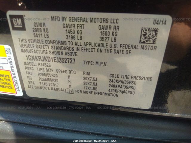 Photo 8 VIN: 1GNKRJKD1EJ352727 - CHEVROLET TRAVERSE 