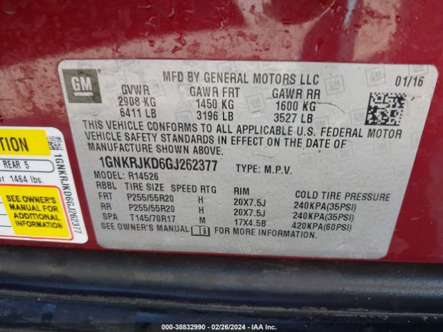 Photo 8 VIN: 1GNKRJKD6GJ262377 - CHEVROLET TRAVERSE 