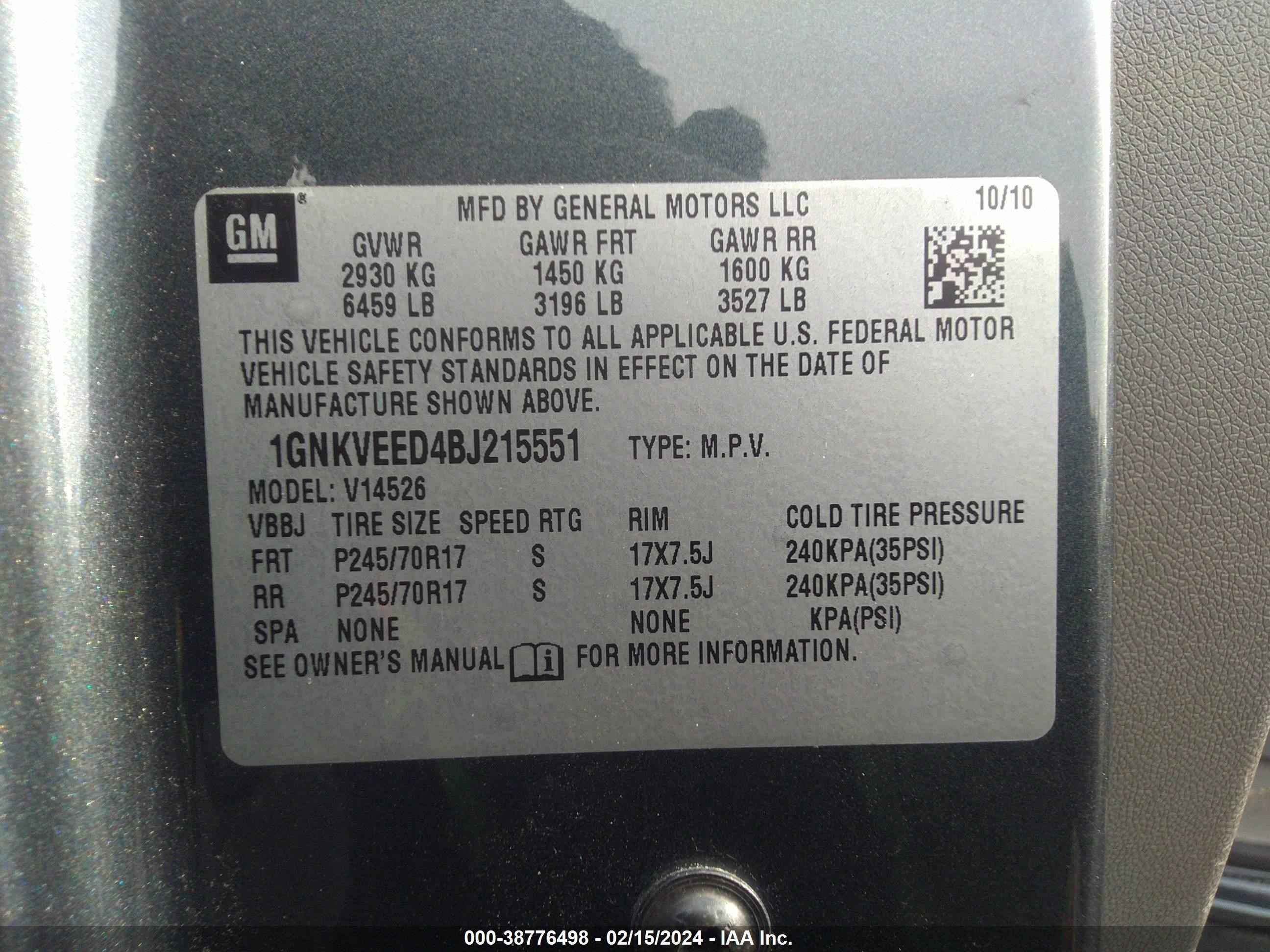 Photo 8 VIN: 1GNKVEED4BJ215551 - CHEVROLET TRAVERSE 