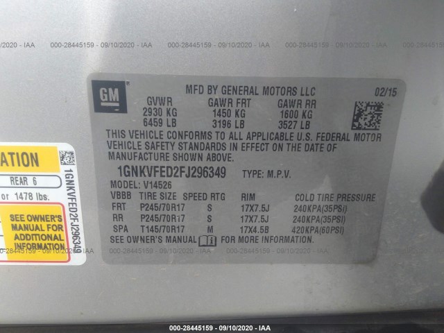 Photo 8 VIN: 1GNKVFED2FJ296349 - CHEVROLET TRAVERSE 