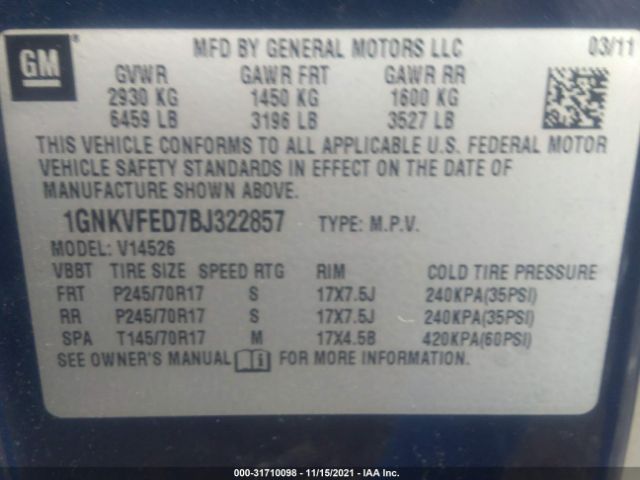 Photo 8 VIN: 1GNKVFED7BJ322857 - CHEVROLET TRAVERSE 