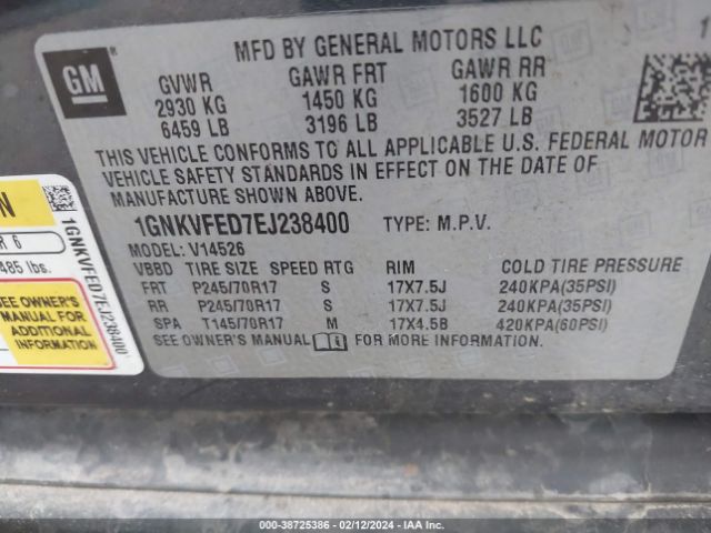 Photo 8 VIN: 1GNKVFED7EJ238400 - CHEVROLET TRAVERSE 