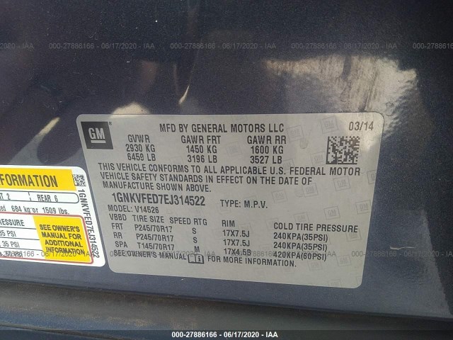 Photo 8 VIN: 1GNKVFED7EJ314522 - CHEVROLET TRAVERSE 