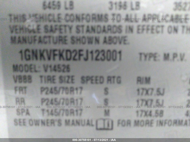 Photo 8 VIN: 1GNKVFKD2FJ123001 - CHEVROLET TRAVERSE 