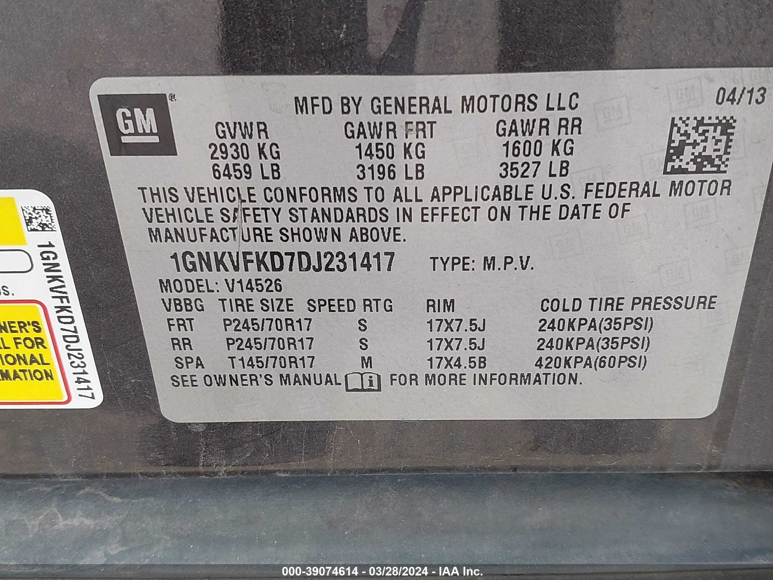 Photo 8 VIN: 1GNKVFKD7DJ231417 - CHEVROLET TRAVERSE 