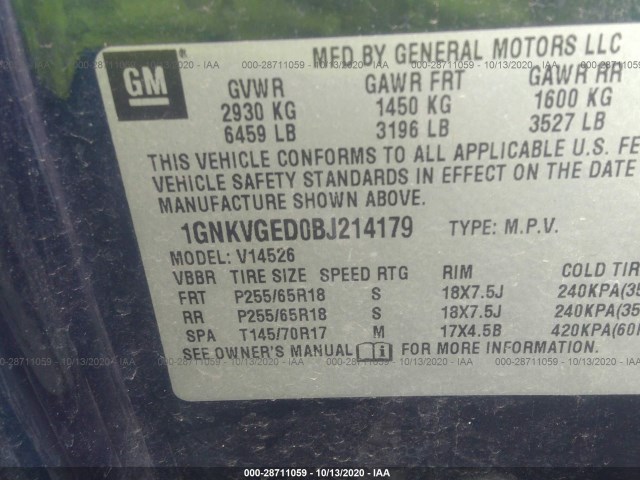 Photo 8 VIN: 1GNKVGED0BJ214179 - CHEVROLET TRAVERSE 