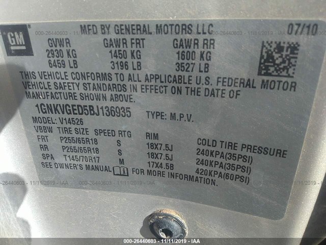 Photo 8 VIN: 1GNKVGED5BJ136935 - CHEVROLET TRAVERSE 