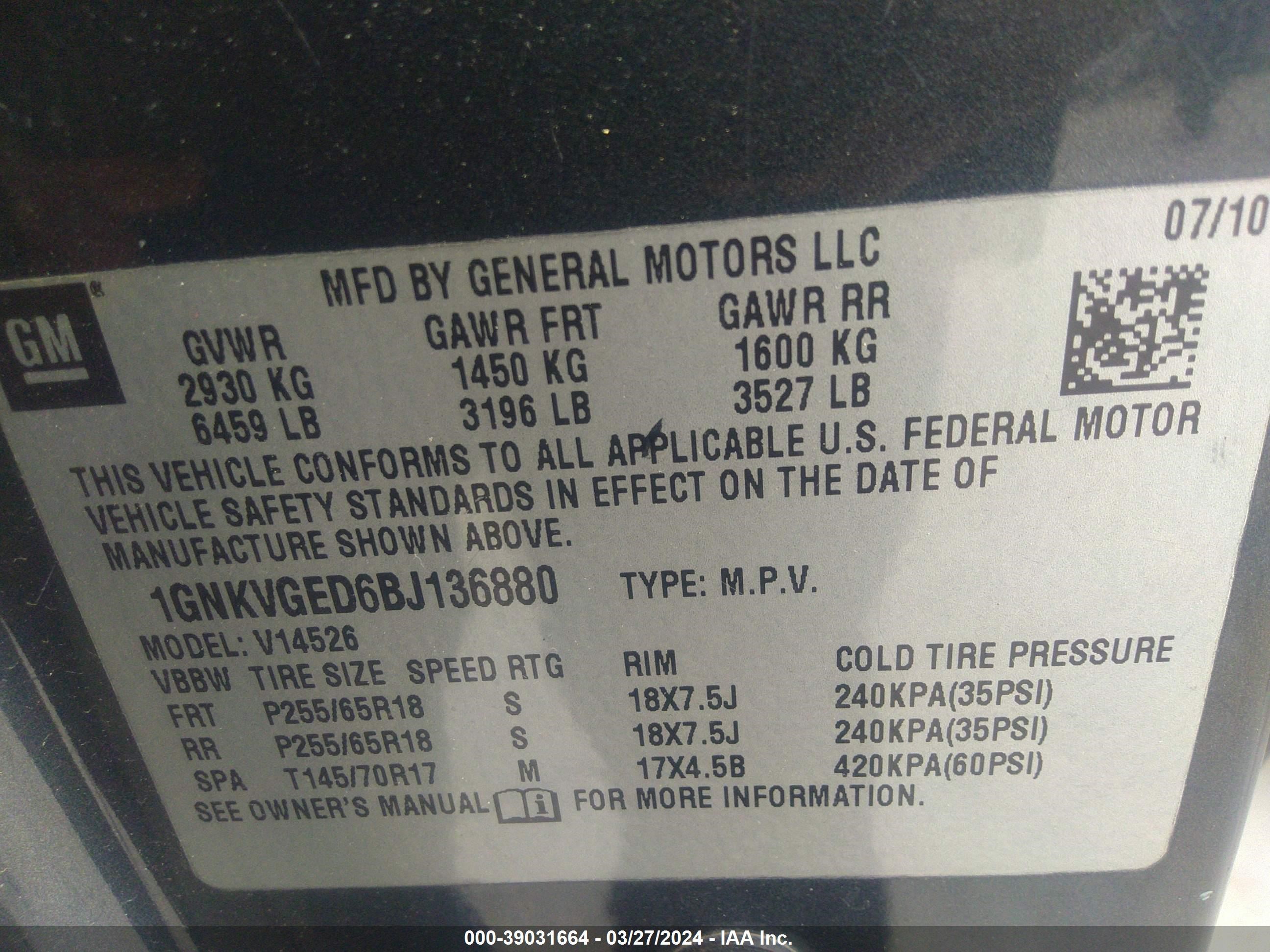 Photo 8 VIN: 1GNKVGED6BJ136880 - CHEVROLET TRAVERSE 