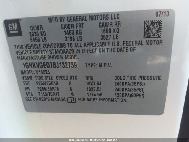 Photo 8 VIN: 1GNKVGED7BJ132739 - CHEVROLET TRAVERSE 