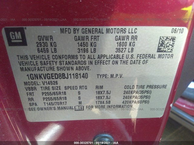 Photo 8 VIN: 1GNKVGED8BJ118140 - CHEVROLET TRAVERSE 