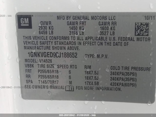 Photo 8 VIN: 1GNKVGED9CJ188652 - CHEVROLET TRAVERSE 