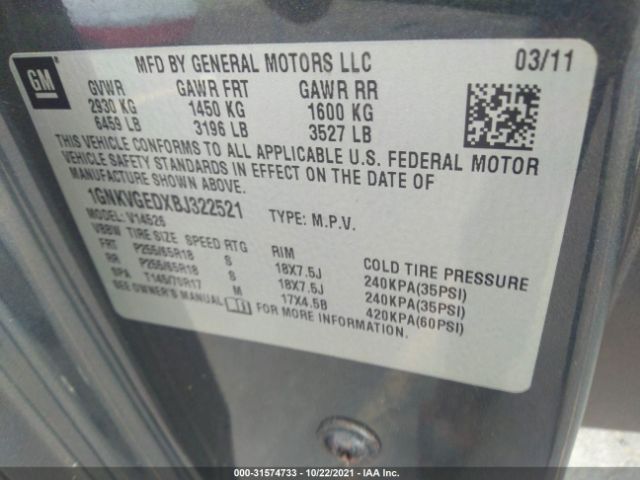 Photo 8 VIN: 1GNKVGEDXBJ322521 - CHEVROLET TRAVERSE 