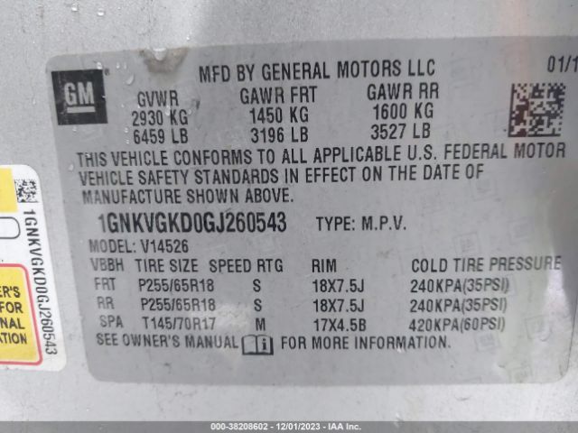 Photo 8 VIN: 1GNKVGKD0GJ260543 - CHEVROLET TRAVERSE 