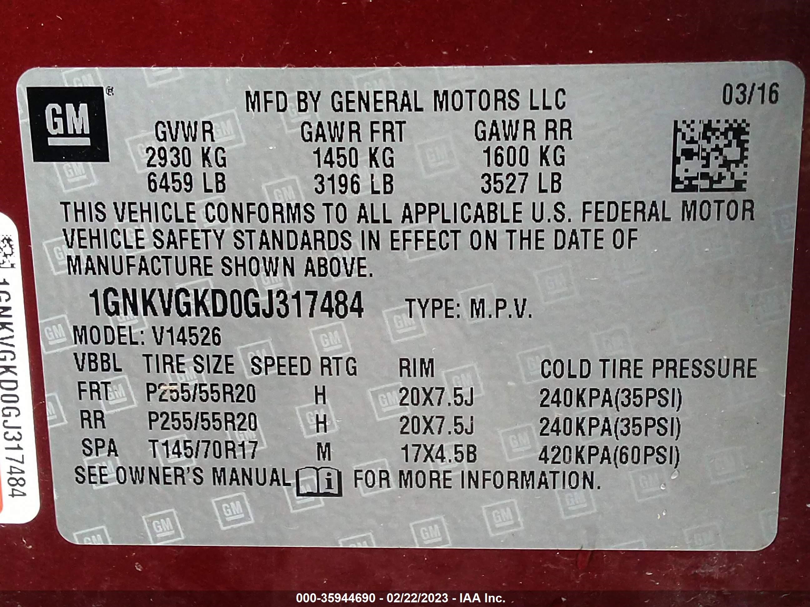 Photo 8 VIN: 1GNKVGKD0GJ317484 - CHEVROLET TRAVERSE 