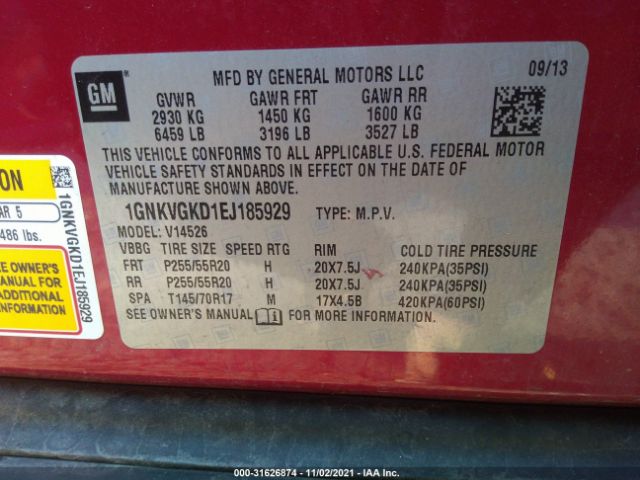 Photo 8 VIN: 1GNKVGKD1EJ185929 - CHEVROLET TRAVERSE 