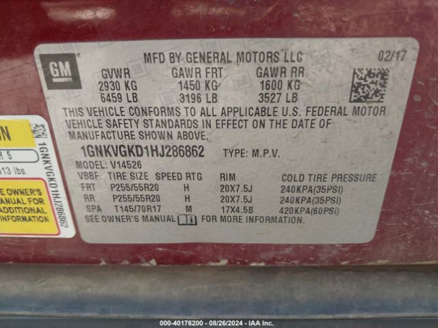 Photo 8 VIN: 1GNKVGKD1HJ286862 - CHEVROLET TRAVERSE 