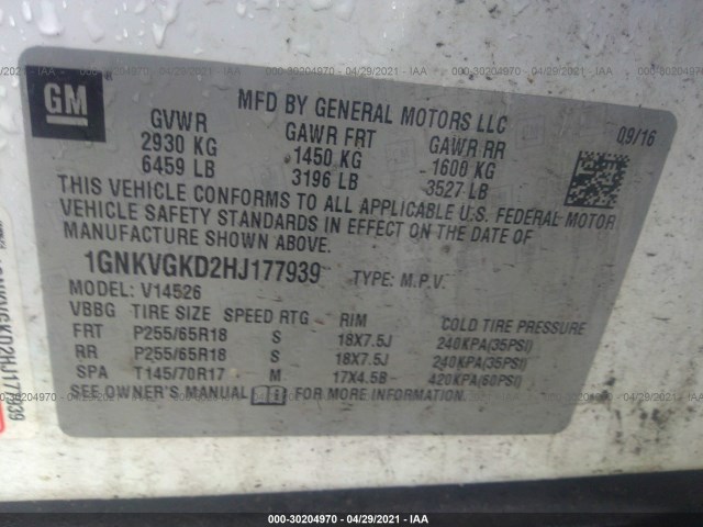 Photo 8 VIN: 1GNKVGKD2HJ177939 - CHEVROLET TRAVERSE 