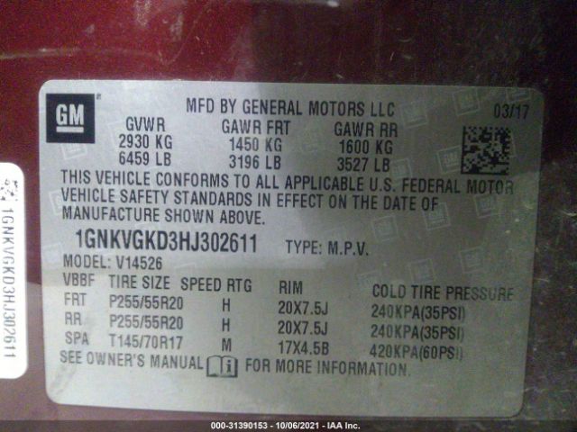 Photo 8 VIN: 1GNKVGKD3HJ302611 - CHEVROLET TRAVERSE 