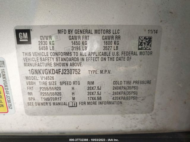 Photo 8 VIN: 1GNKVGKD4FJ230752 - CHEVROLET TRAVERSE 