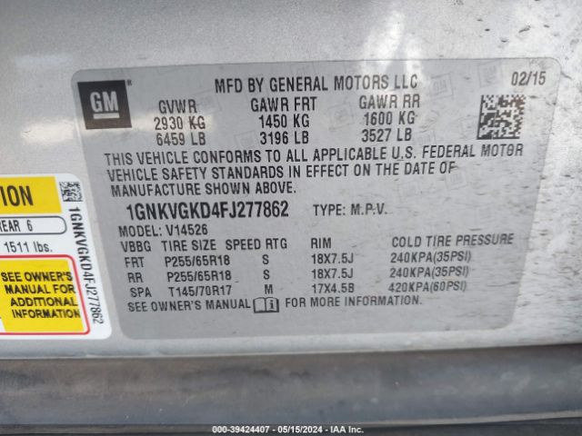 Photo 8 VIN: 1GNKVGKD4FJ277862 - CHEVROLET TRAVERSE 