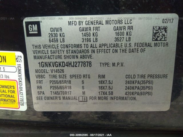 Photo 8 VIN: 1GNKVGKD4HJ277878 - CHEVROLET TRAVERSE 