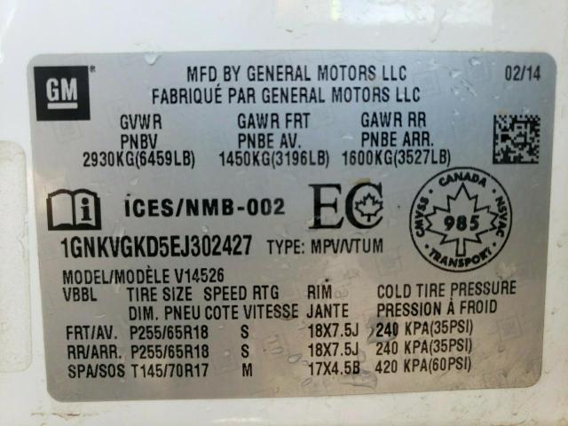 Photo 9 VIN: 1GNKVGKD5EJ302427 - CHEVROLET TRAVERSE L 