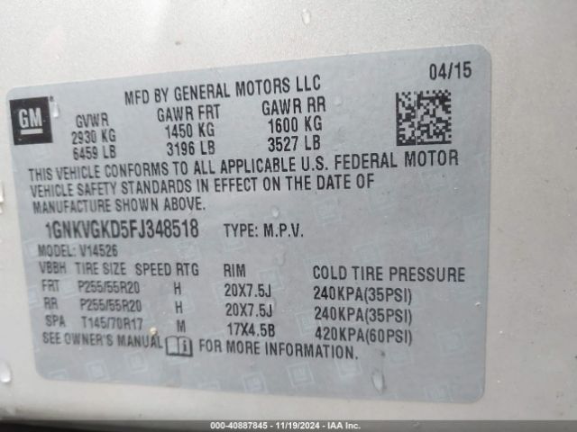 Photo 8 VIN: 1GNKVGKD5FJ348518 - CHEVROLET TRAVERSE 