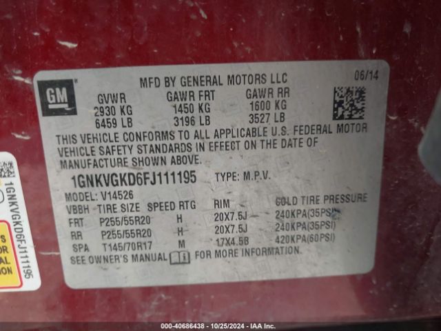 Photo 8 VIN: 1GNKVGKD6FJ111195 - CHEVROLET TRAVERSE 