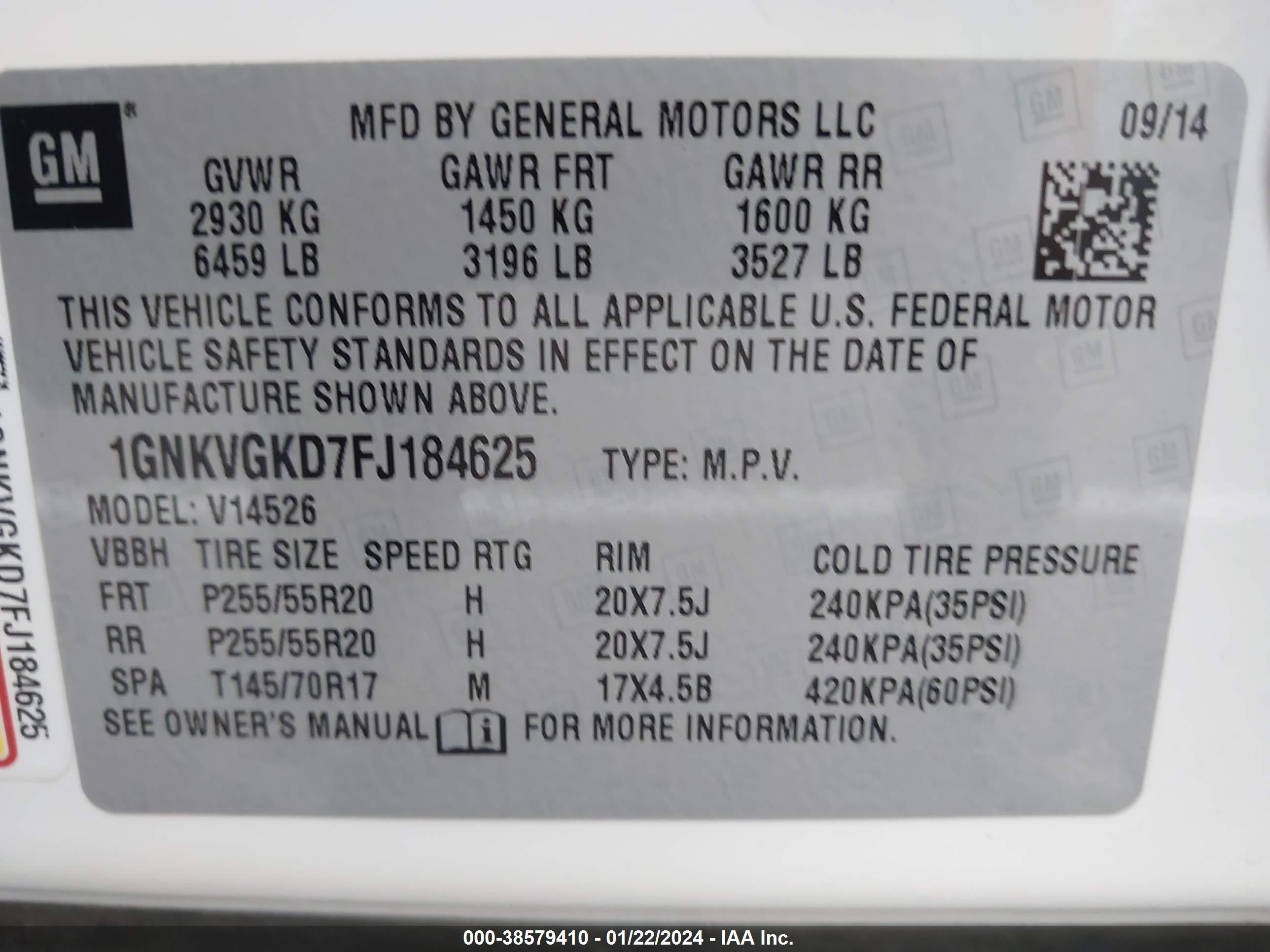 Photo 8 VIN: 1GNKVGKD7FJ184625 - CHEVROLET TRAVERSE L 