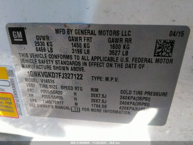 Photo 8 VIN: 1GNKVGKD7FJ327122 - CHEVROLET TRAVERSE 