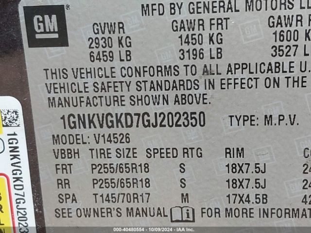 Photo 8 VIN: 1GNKVGKD7GJ202350 - CHEVROLET TRAVERSE 